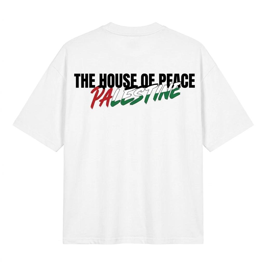 Tee H.O.P vu de dos sur fond blanc, impression « The House of Peace — Palestine »