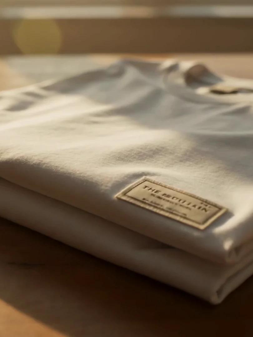 Tees H.O.P pliés sur une table en bois, lumière de fin de journée